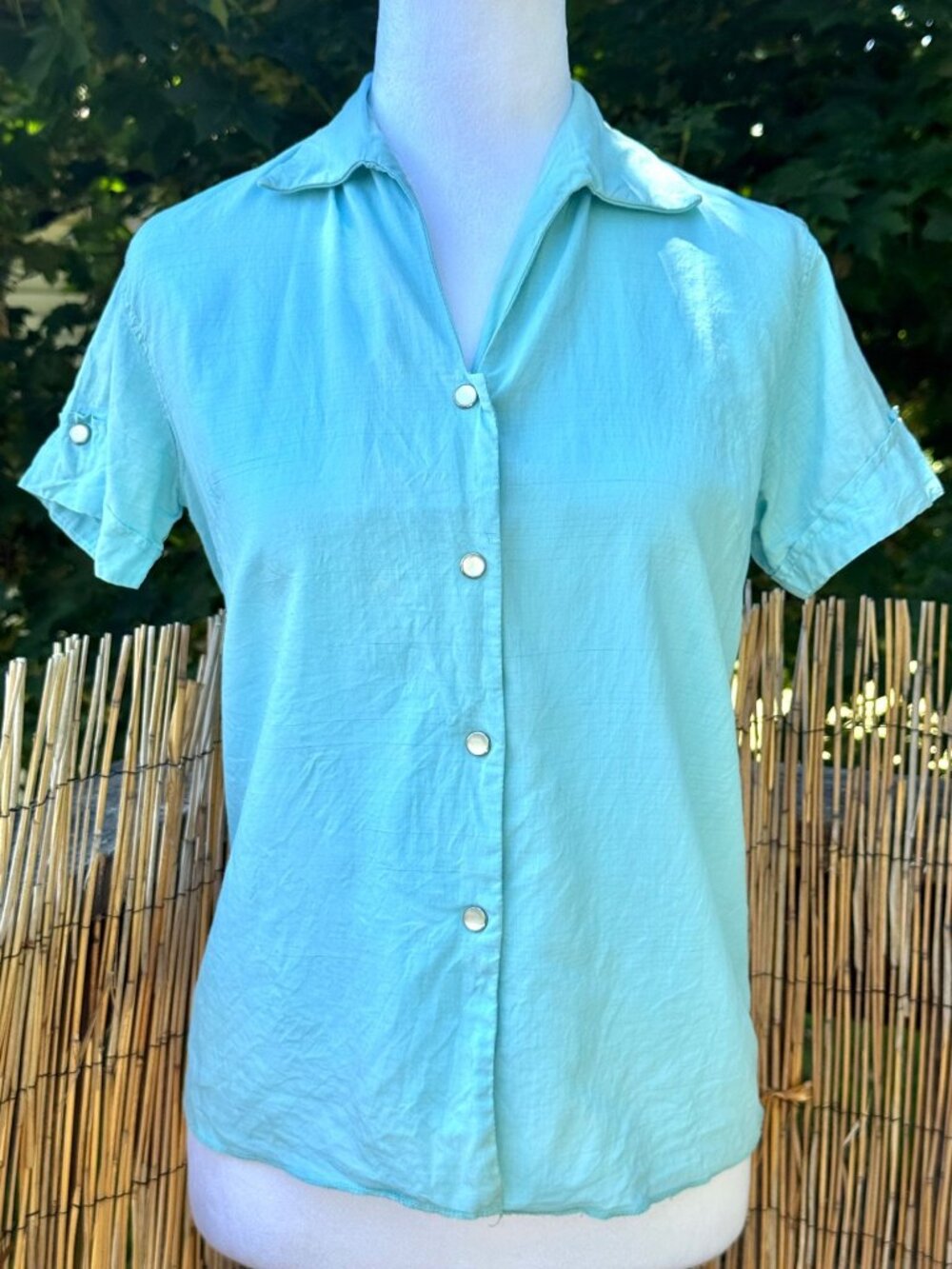 Vintage 1950s H Bar C Short Sleeve Baby Blue Pearl Snap Button Down Shirt